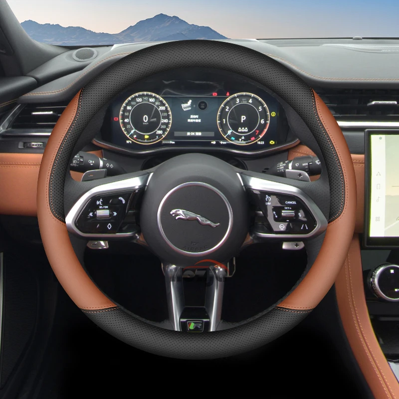 Фото Кожаный чехол на руль автомобиля для Jaguar XJ XF XE E-pace F-pace X-type XK I-pace S-type X350, аксессуары для интерьера 2025 №5