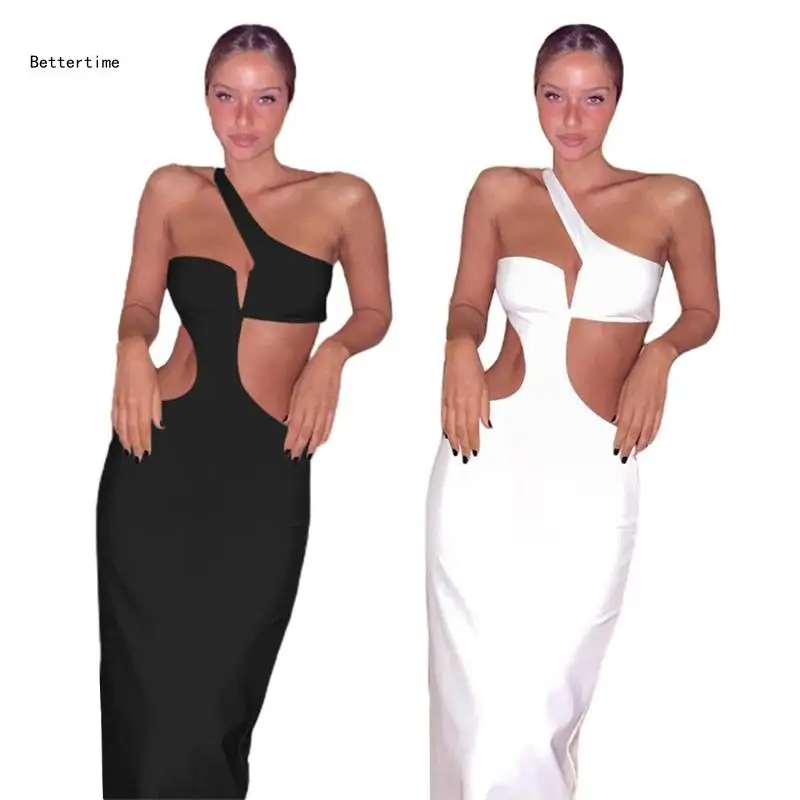 

B36D Sexy Dress Bodycon Long Tanks One Shoulder Off Sleeveless Ruffle Hollows Dresses Insgram Style Clothing for Women