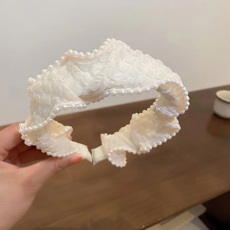 

Minar Temperament 2 Styles White Color Cloth Imitation Pearl Headband for Women Mujer Pleated Knotted Wide Hairbands Headwear