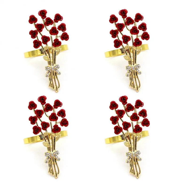 

New Metal Rose Napkin Rings Red Bouquet Napkin Buckle Valentine's Day Wedding Banquet Hotel Home Table Xmas Decor Tissue Ring