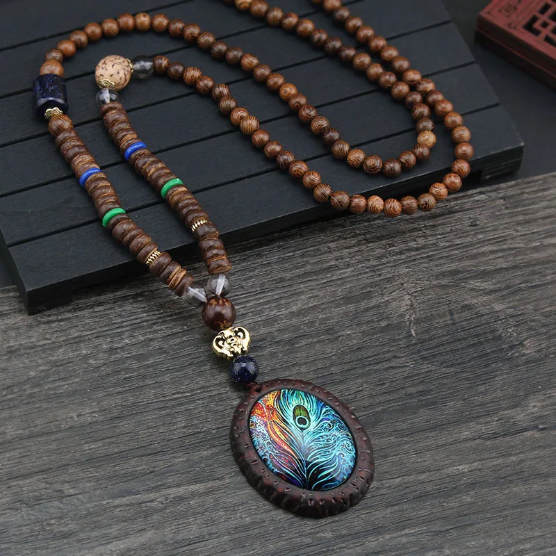 

Vintage Handmade Necklace Nepal Buddhist Mala Wood Beads Pendant & Necklace Ethnic Fish Horn Long Statement Men Women's Jewelry