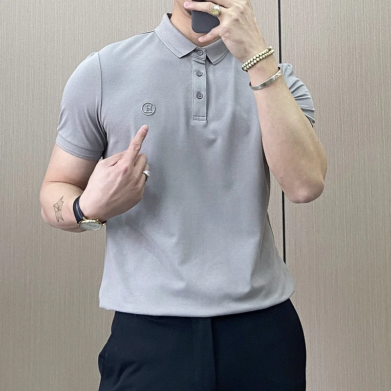 

Рубашка-поло мужская с коротким рукавом, однотонная приталенная Повседневная, с лацканами, в деловом стиле, одежда, лето 2024
