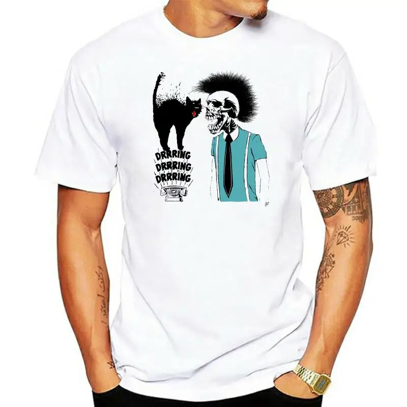 

Newest 2022 Men Fashion Mohican Skeleton & Ringing Phone Scared Black Mens T-Shirt Hot Tee Shirt