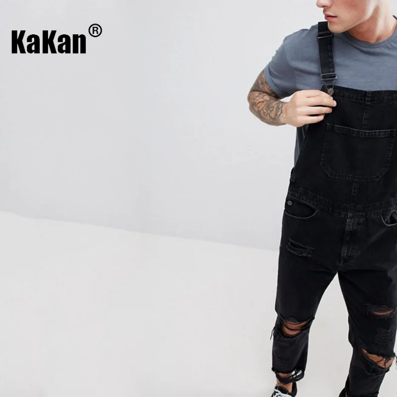 Kakan - European and American New Strap Tears Jeans for Men, Youth Popular Black Super Perforated Long Jumpsuit K34-710