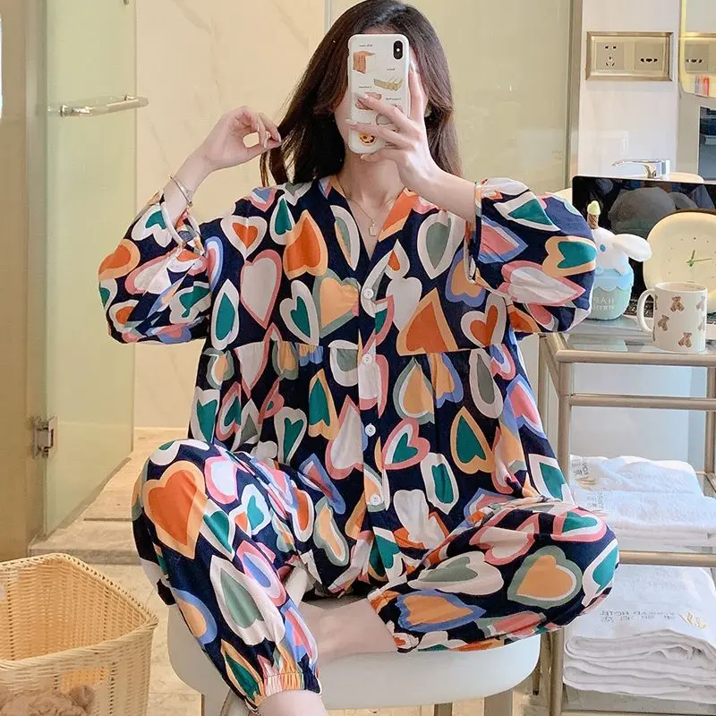 1 2023 new summer cardigan cotton silk pajamas women spring and autumn thin rayon household clothes girls cotton silk suit