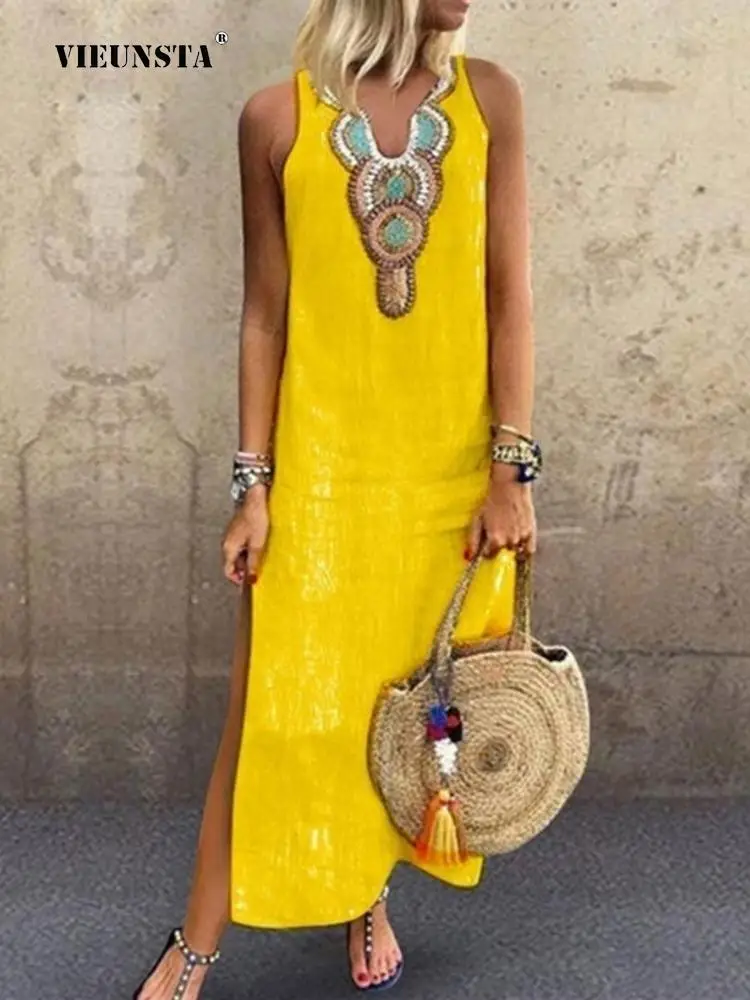 

Vintage Harajuku V-Neck Printed Long Dress Women Summer Beach Slit Boho Sexy Dresses Casual Loose Cotton Linen Sleeveless Dress