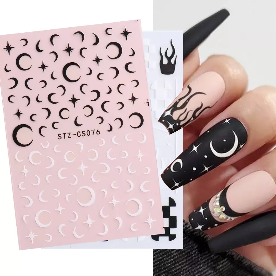

1 Sheet Black White Stickers Star 3D Nail Art Sliders Moon Fire Smiling Checkerboard Image Self-Adhesive Foil Decors JISTZ-CS076