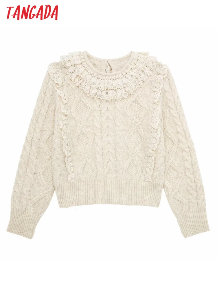 

Tangada Women Vintage Ruffled Lace Pearl Thick Sweater Vintage O Neck Long Sleeve Female Pullovers 3H646