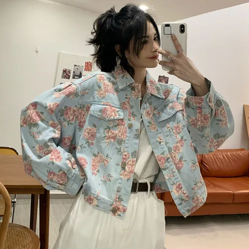 

Vintage Floral Print Cropped Denim Jacket Women Japanese Turn-down Collar Single Breasted Jeans Coat Winter Y2K Loose Outerwear