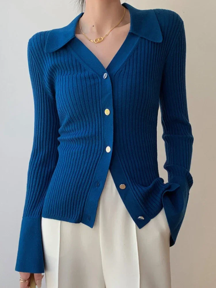 Весенние Женские Вязаные Кардиганы Однотонный Синий Свитер С Воротником-поло И