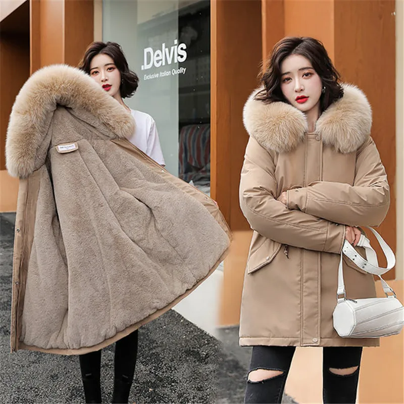 2022 New Winter Jacket Women Parka Fashion Long Coat Wool Liner Hooded Parkas Slim With Fur Collar Warm Snow Wear Padded Clothes