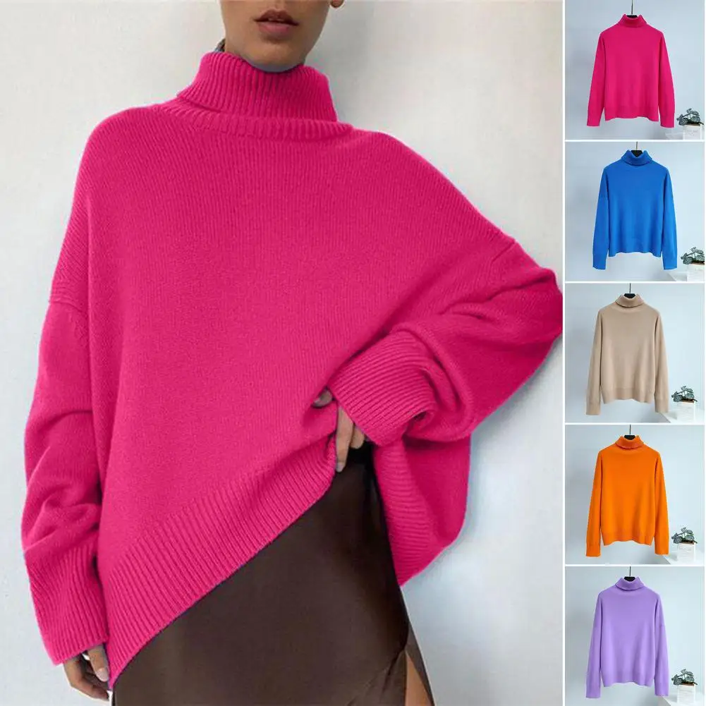 

Женский пуловер с высоким воротником, свитер с длинным рукавом и ребристой отделкой, Осень-зима, однотонный Свободный теплый свитер, джемпе...
