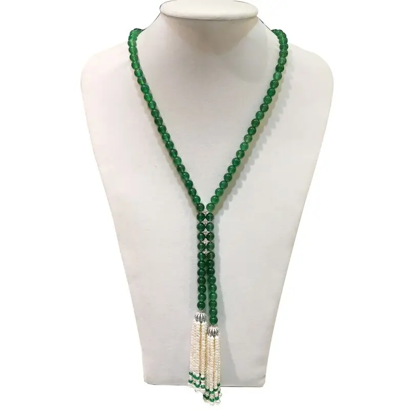 Natural Green Round Agate White Pearl Tassel CZ Pave Pendant Long Necklace Sweater Chain Necklace For Party Women Gift