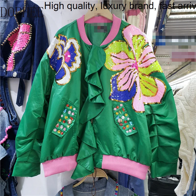 

New Autumn 2023 Loose Long Sleeve Baseball Uniform Jackets Embroidery Sequins Ruffles Diamond Pocket Streetwear Women Green Coat
