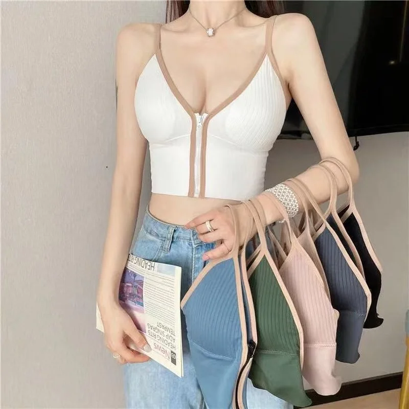 Топ женский хлопковый бесшовный на молнии спереди с чашками пуш-ап | Женская