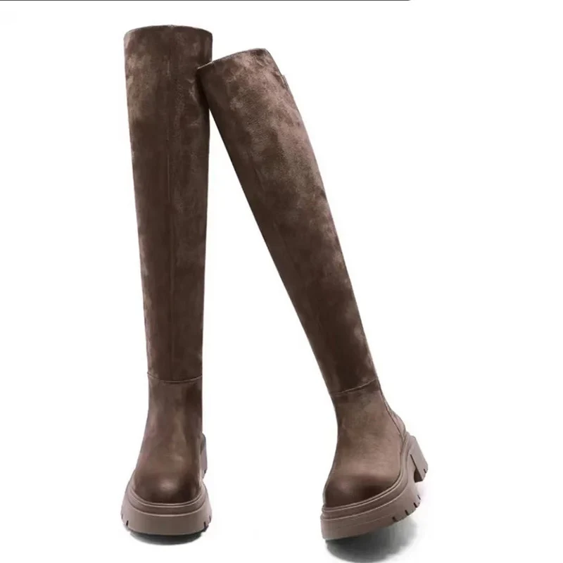 

Suede Chelsea Boots Over The Knee Women Flats Shoes Platform 2023 Winter New Round Toe Designer Gladiator Boots Goth Punk Botas