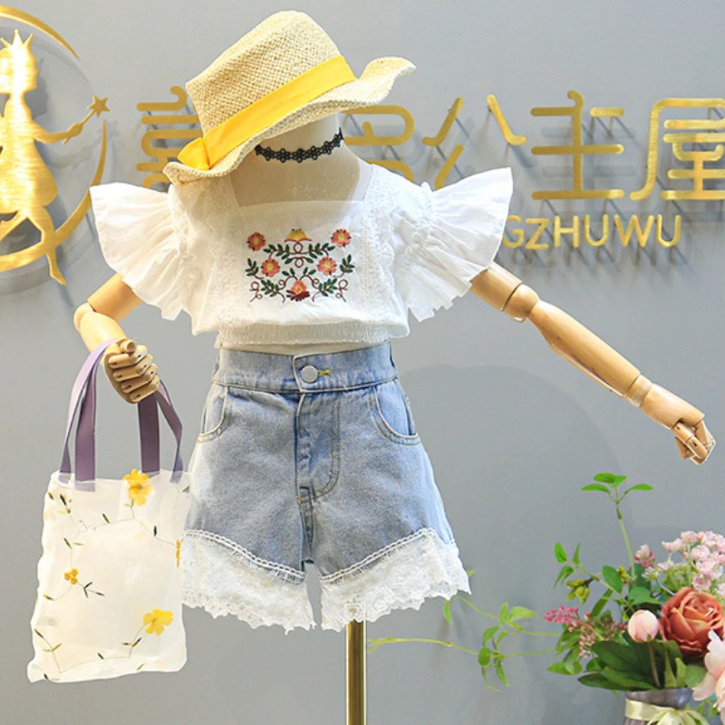 

Toddler Ruffles Top Lace Jeans Shorts Children's Sets Summer Girls Sweet Sets Baby Kids Beach Birthday Korea Beach Girl Vacation