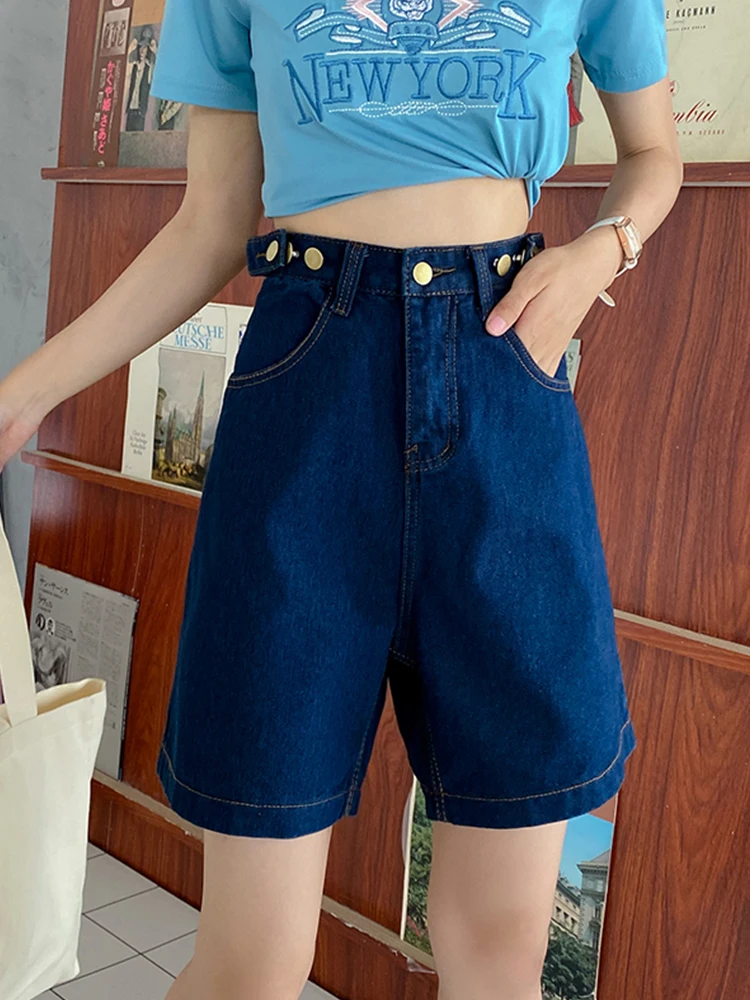 New Spring Summer Women Button Adjust Waist Loose Denim Shorts Casual Female High Waist Wide Leg Jeans Shorts Bottoms