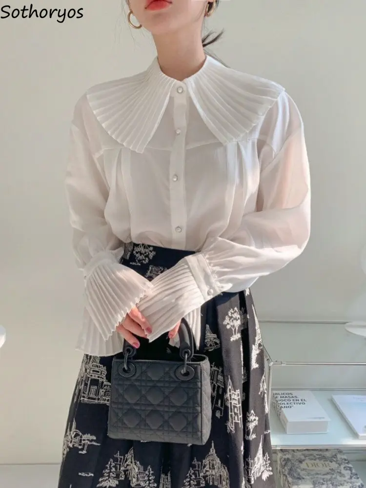 

Shirts Women Temperament Vintage Design Chic Flare Sleeve Leisure All-match Pure Korean Style Spring Daily Ladies Tender Loose