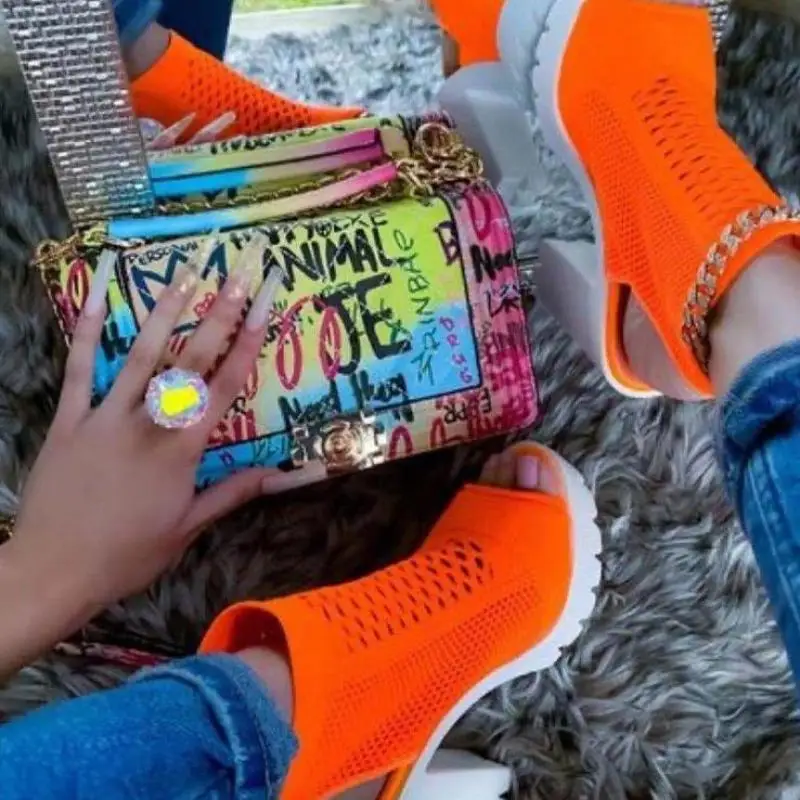 Summer Open Toe Sandals Women's 2022 New Sexy Knit Fabric Ladies Chunky Heels Dress Party Wedding Nightclub Heels 36-43 TGHDOF