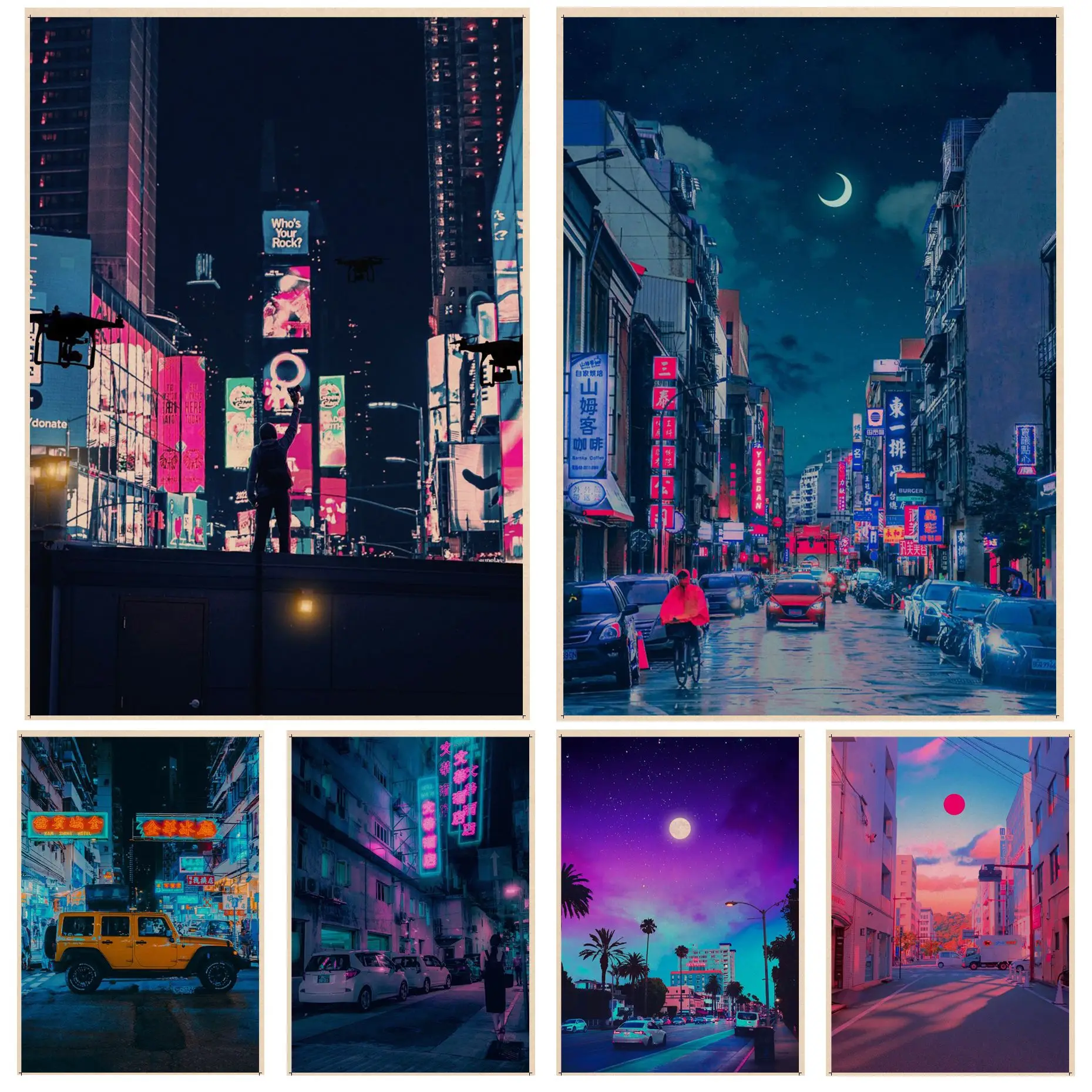 

City Neon Night Anime Posters Kraft Paper Prints and Posters Home decor