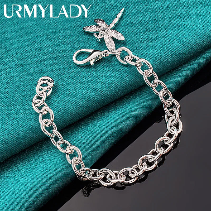 

URMYLADY 925 Sterling Silver Dragonfly Charm Thick Chain Bracelet For Women Men Wedding Celebration Engagement Fashion Jewelry