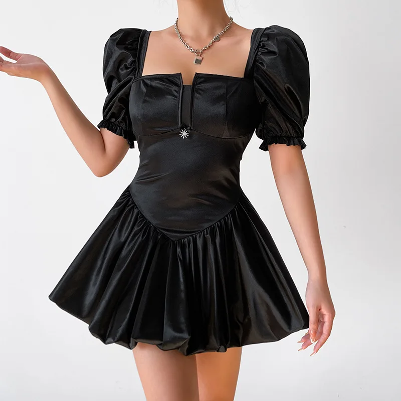 

Short Puff Sleeve Square Collar Sexy Satin A-LINE Mini Dress Spring Autumn Women Black Party Elegant Vestidos Fiesta Streetwear