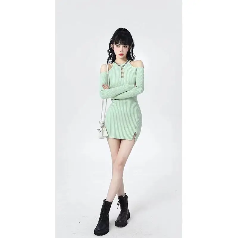 

Knitted Off-the-shoulder Tight Sexy Buttock Covering Lady's Dress New Summer Clothes Light Green Sweet