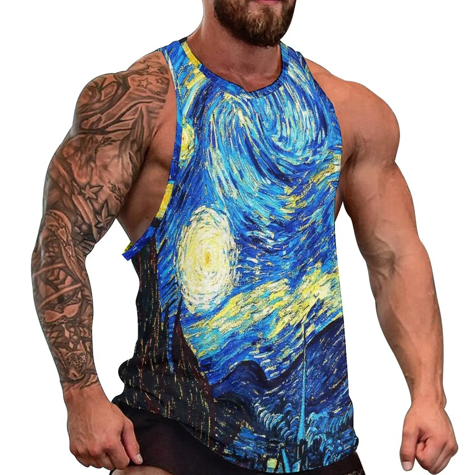 

Starry Night Tank Top Men Vincent Van Gogh Cool Tops Beach Bodybuilding Design Sleeveless Shirts Big Size 4XL 5XL
