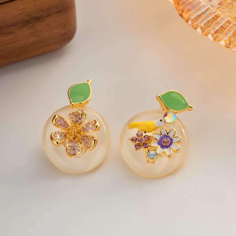 

Minar New Fashion Asymmetric Enamel Flower and Bird Drop Earrings Rhinestone Round Earring for Women Statement Wedding Jewelry