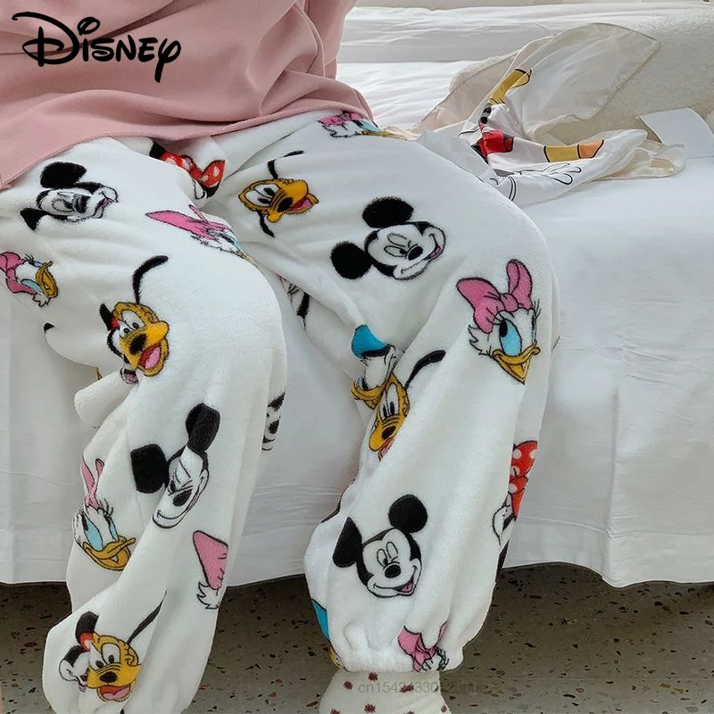 Disney Cartoon Plush Pajama Pants Mickey Cute White Casual Trousers Women Korean Style Flannel Soft Pants Y2k Female New Clothes