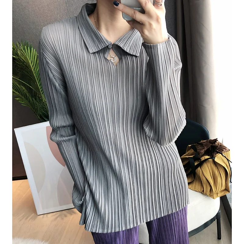 

Женская плиссированная рубашка-поло Miyake, повседневная элегантная однотонная блузка с длинным рукавом, в Корейском стиле, осень 2022