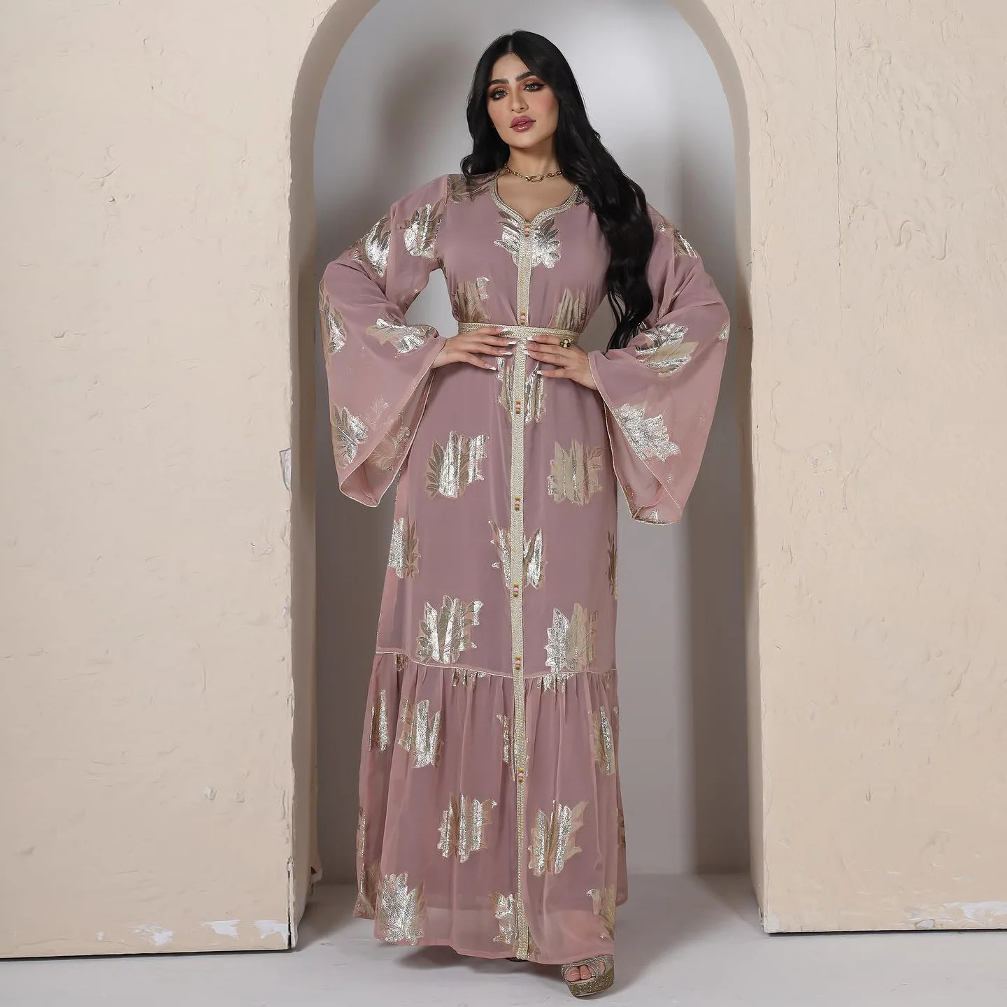 Party Dresses Abayas For Women Dubai 2023 Printed Long Sleeve V-Neck Button Tape Trim Belted Kaftan Split Hem Clothes For Women