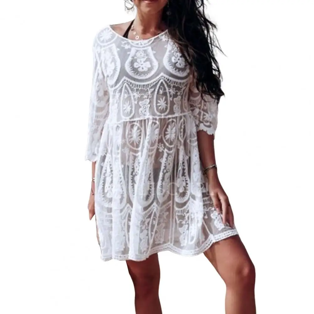 

Classic Beach Dress Hollow Swimwear Cover Up Flowy Hem Lace Embroidery Print See-Through Pullover Cover Up Loose Fit