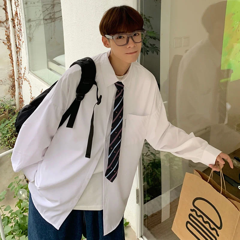 

SYUHGFA 2022 Spring New Solid White Men Shirts Oversized Long Sleeved Loose Basic Blouses Casual Fashion Clothing Male Cardigan