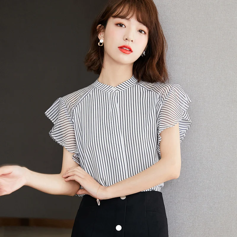 

Chiffon Women Blouse Slim Fit Stripe Shirt Summer Elegant New 2022 Korean Style Top Fashion Female Clothing High Street