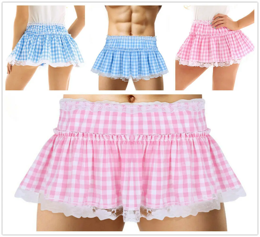 

Womens Sissy Mens Fancy Short Dress Gingham Lace Hem School Micro Mini Skirts