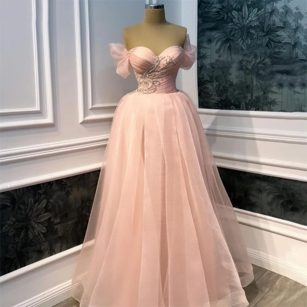 

Pink Tulle A-Line Evening Dresses for Women 2023 Floor Length Wedding Guest Gowns Short Sleeve Sweetheart Beadings فستان سهرة