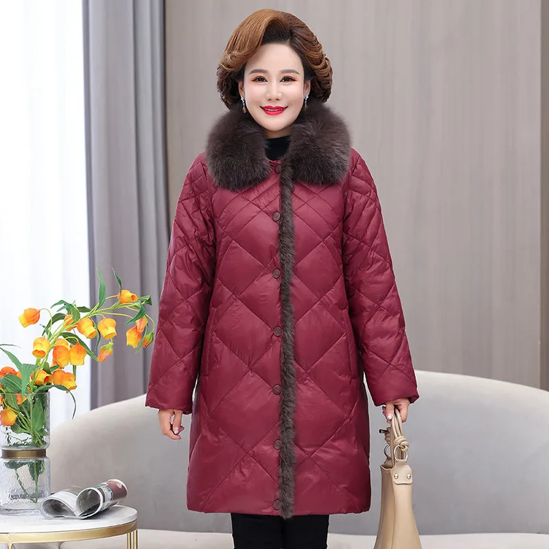 Winter White Duck Down Jacket Women's Mid-length Retro Coat Fur collar Thin Light Middle-aged Keep Warm Down Coats Women