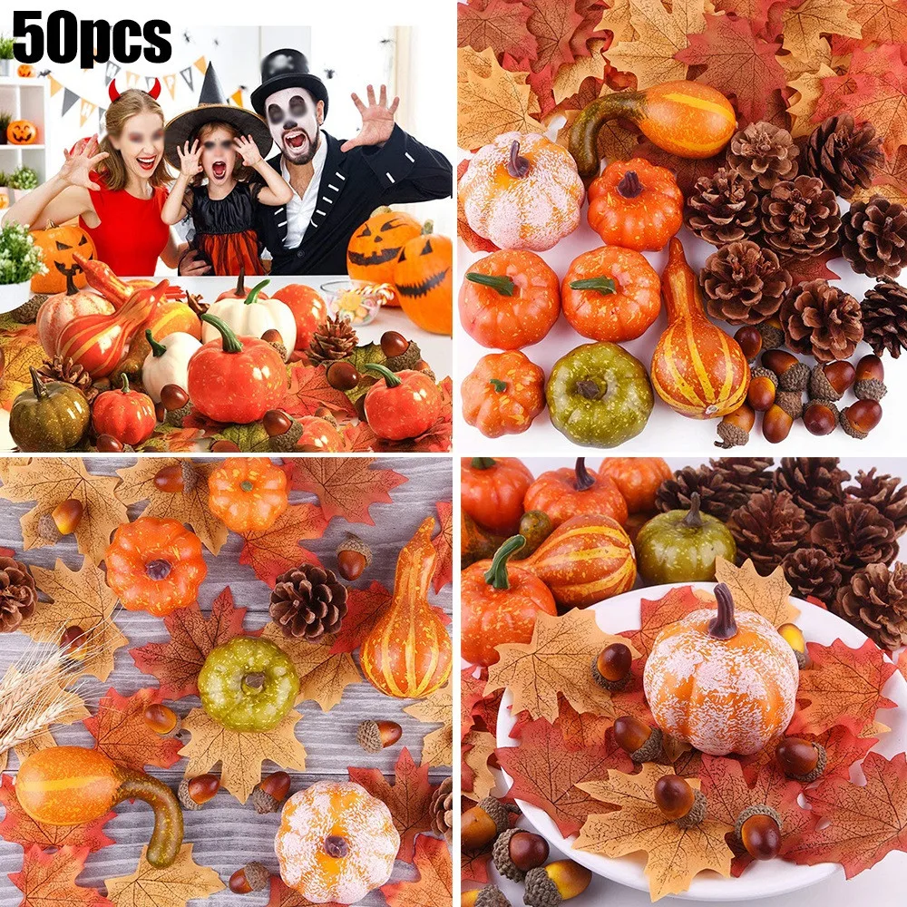 

50Pcs Fall Harvest Decor Props Artificial 3D Pumpkin Gourd Acorn Berries Maple Leaf Artificial Pumpkin Craft Simulation Hallowee