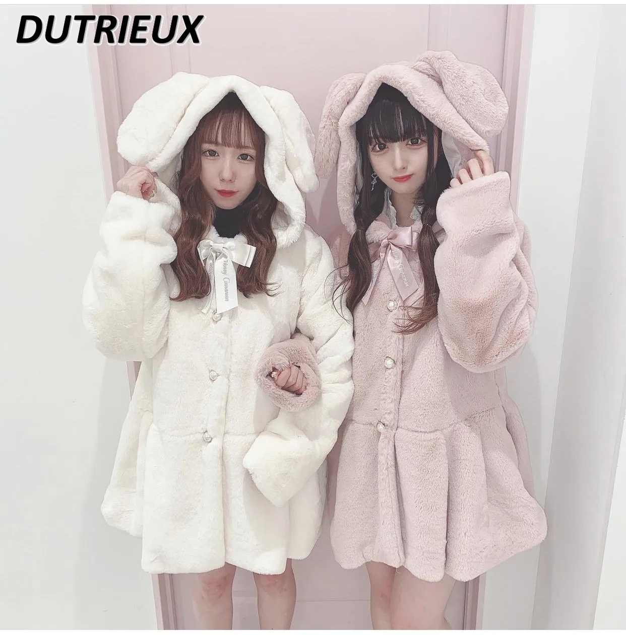 

Japanese Style Sweet and Cute Winter Jacket Women Furry Rabbit Ears Bow Tie Wool Jacket Femme Hooded Mid-Length Coat for Lady