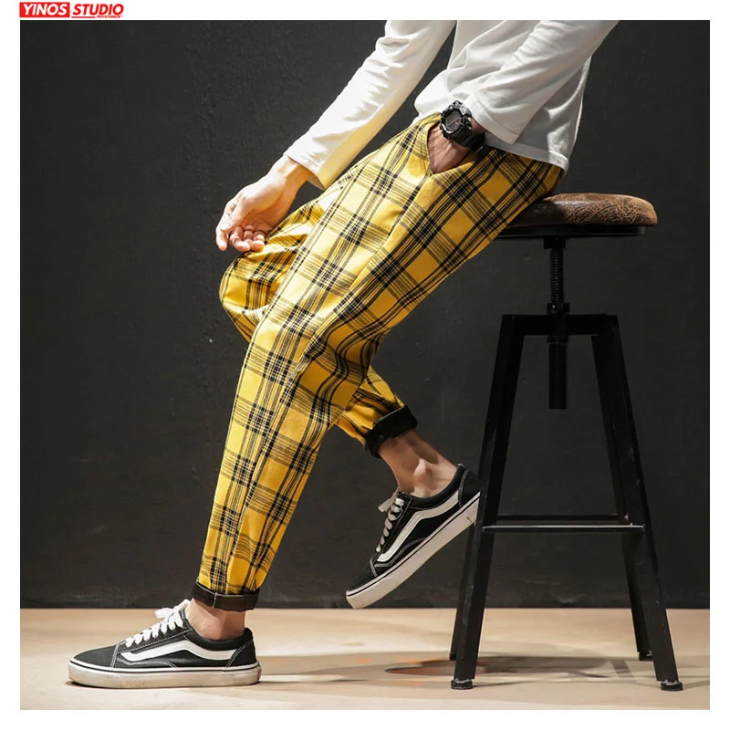 

Korean Pants Streerwear Men 2020 Casual Slim Harem Male Dropshipping Autumn Trousers Japanese Pants Plaid Man Fashion