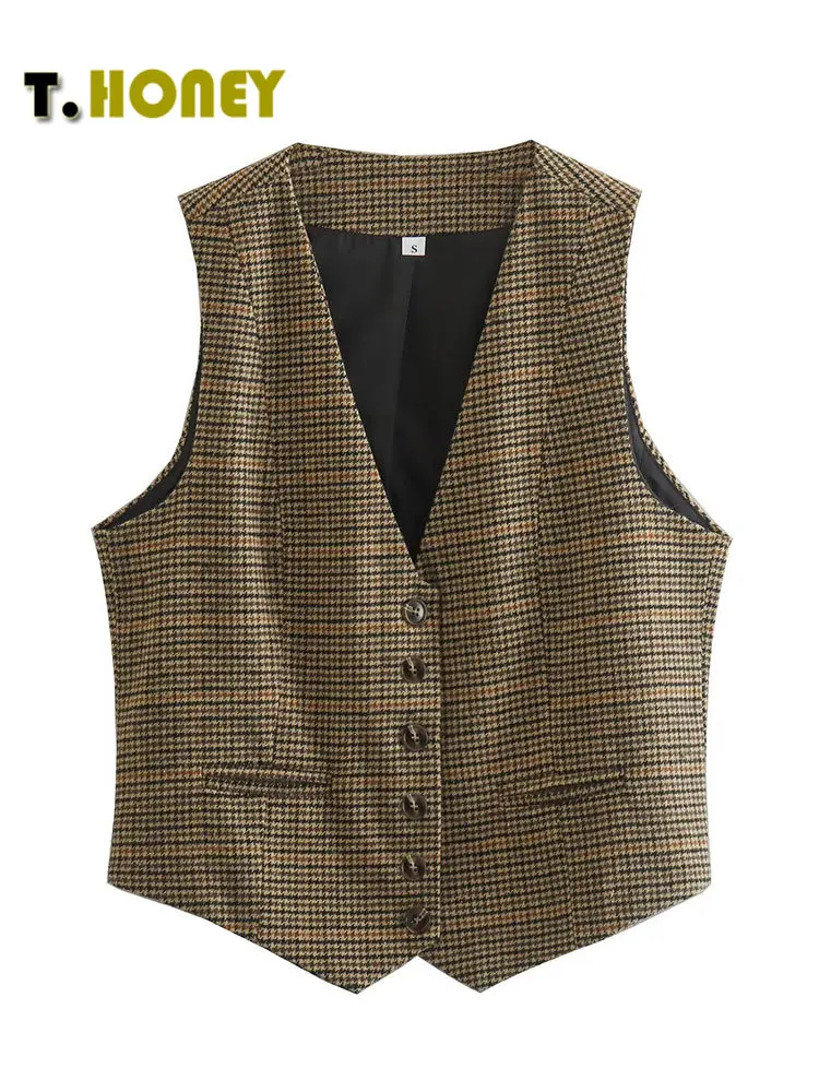 

TELLHONEY Women Fashion Houndstooth V-Neck Single Breasted Slim Waistcoat Female Basic Sleeveless Hem Irregular Crop Vest