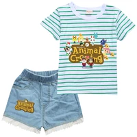 boys clothes summer animal crossing outfit striped short sleeve t shirt top jeans shorts 2 pack baby girls 2022 kids casual