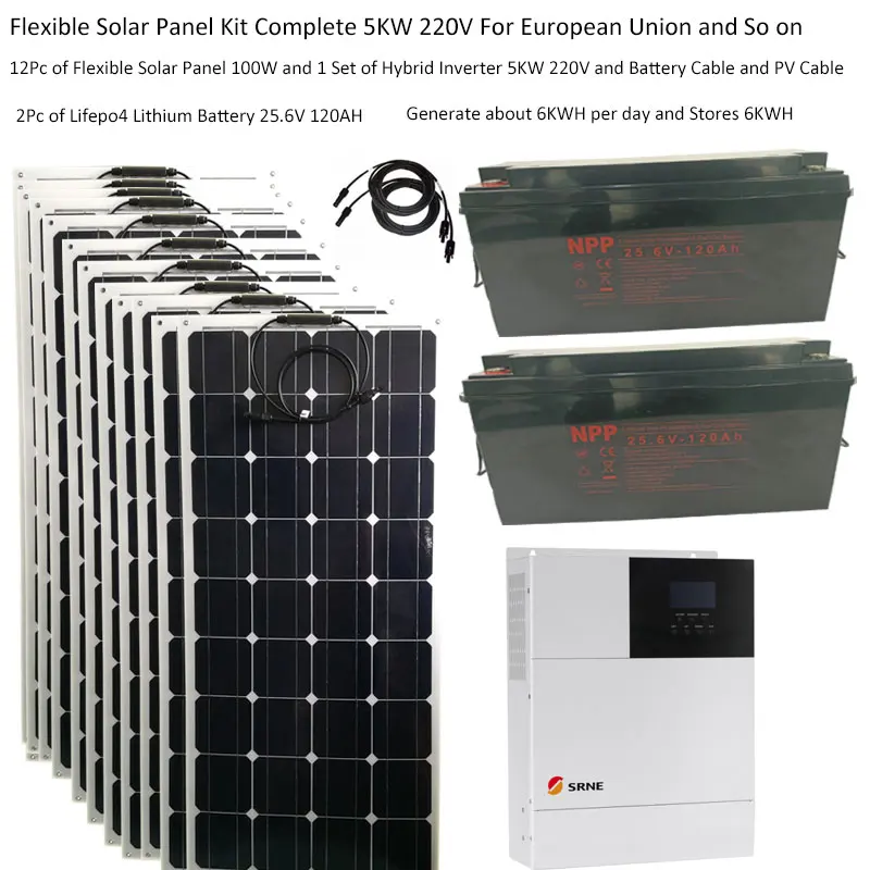 Flexible Solar Kit Complete 5KW 5000W 110v 220V PV Panel 100W LiFePO4 Lithium Battery Hybrid Inverter Home Off Grid Car Caravan