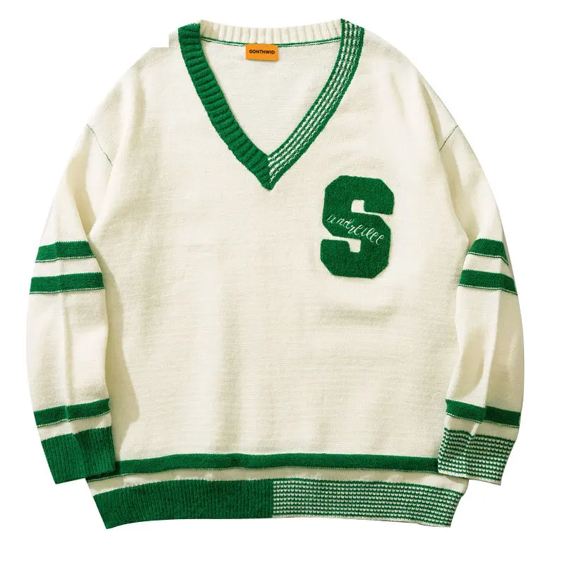 

Мужской свитер с V-образным вырезом в Корейском стиле Харадзюку, вязаные Джемперы в полоску с вышивкой, свитеры, модный осенний Повседневный...