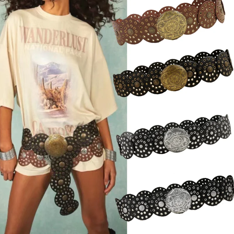 

Y2K Hollow Western Style Exaggerated Cowboy Wide Disc Belt Women Vintage Soft Durable Belt