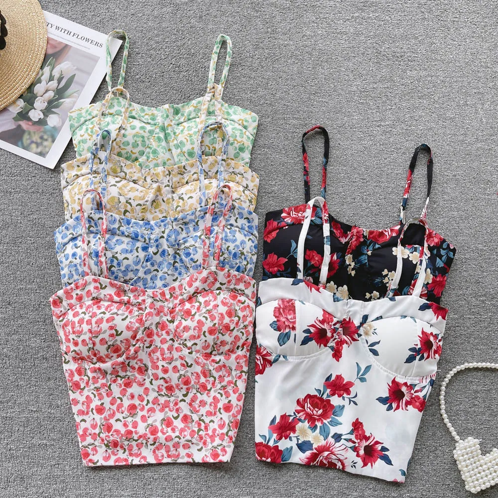 

Summer New Fashion Sexy Floral Print Slim Fit with Chest Padded Camisole Women's Sleeveless Bandeau Short Crop Tops Clothes J799