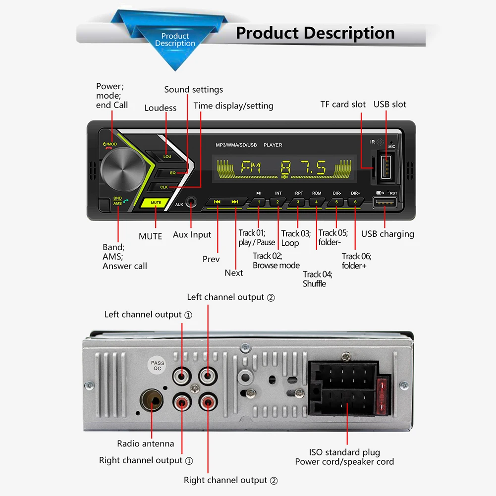 

Автомобильный MP3 Bluetooth плеер громкой связи цветные огни 60 Вт устройство для чтения карт