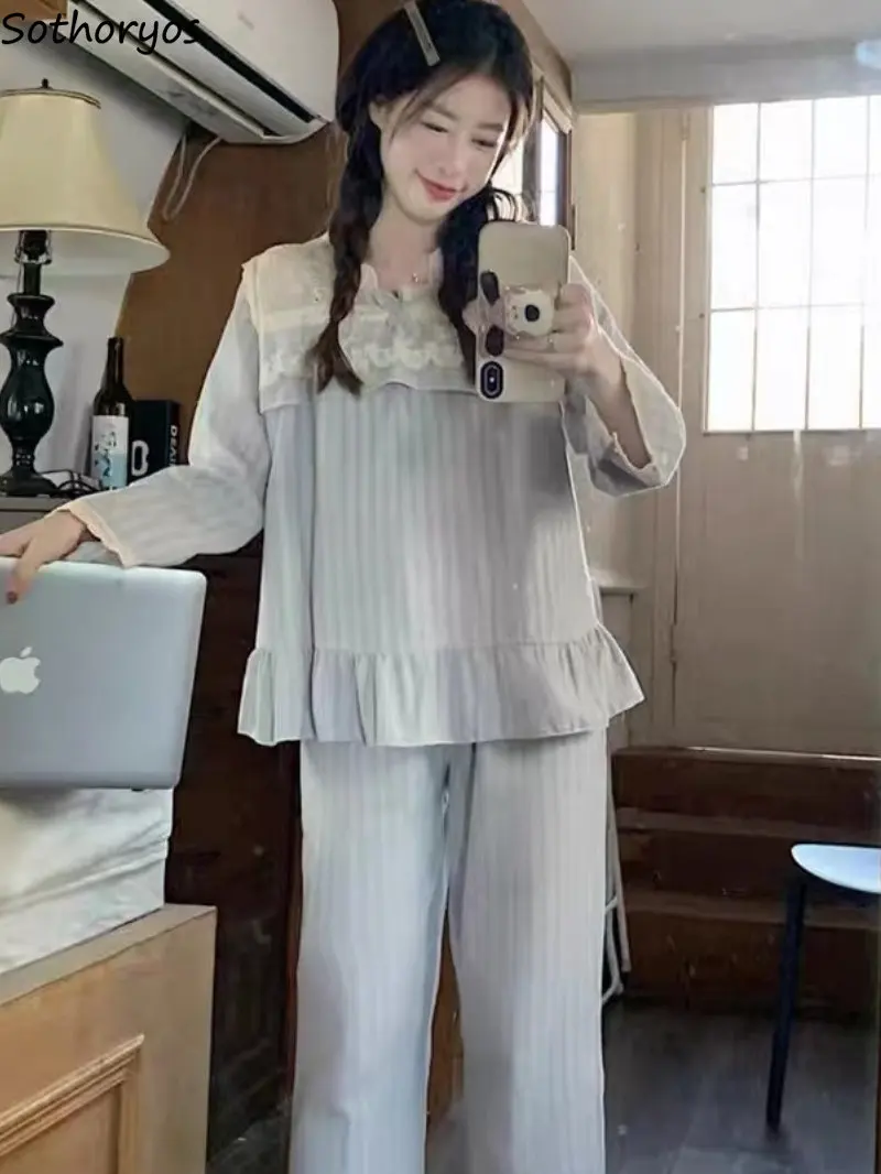 

Pajama Sets Women Lovely Korean Light Soft Basic Minimalist Retro Sweet Sleepwear Student Long Sleeve Cozy Casual Lounge Daily